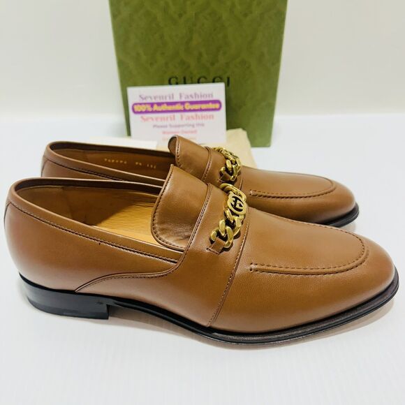 Gucci Chain Interlocking GG 10/ 10.5 US Loafer Brown Italian Leather Shoe NIB - Picture 7 of 13